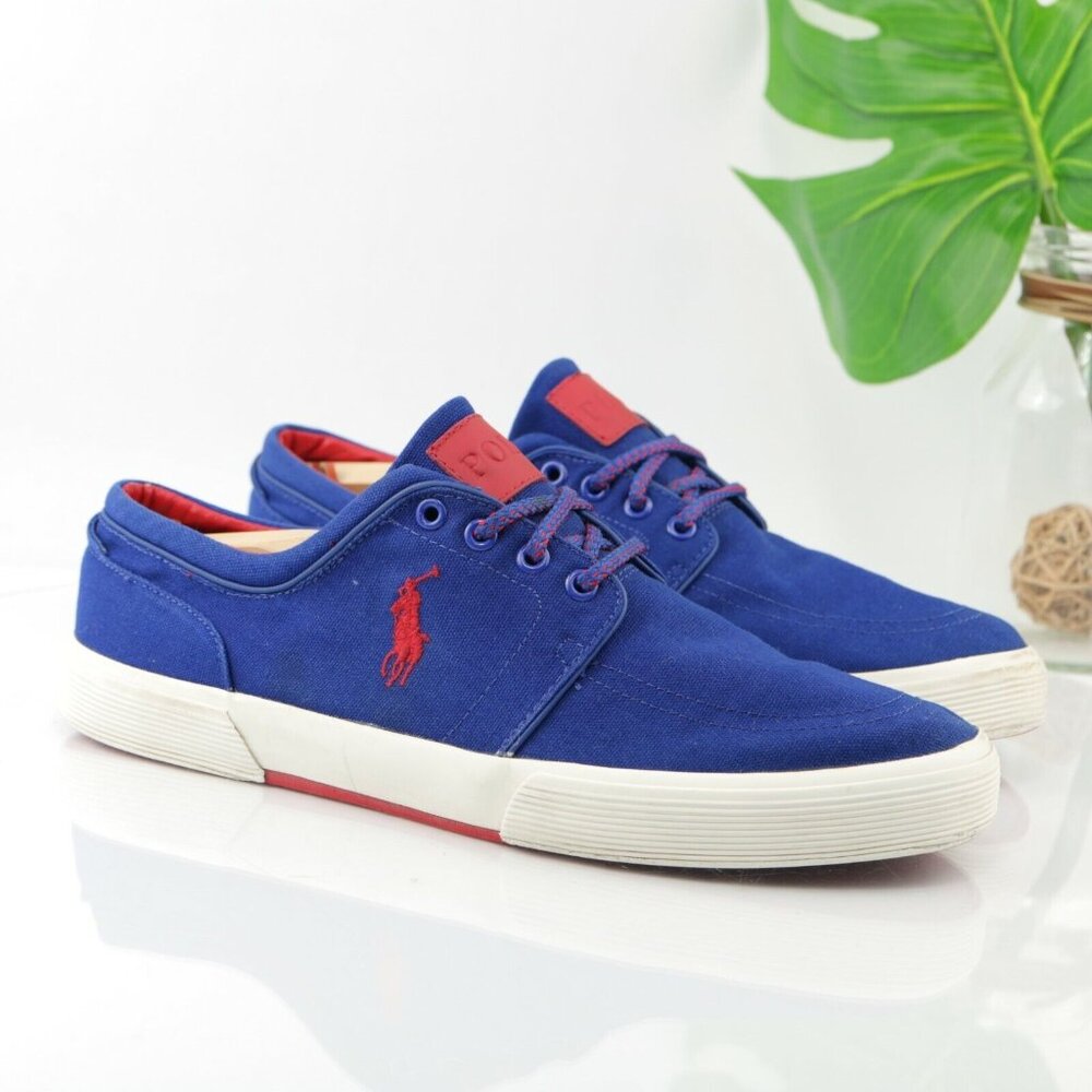 Polo Ralph Lauren Mens Faxon Sneaker Size 11.5 Royal Blue Canvas Red Pony Shoe - Picture 1 of 12